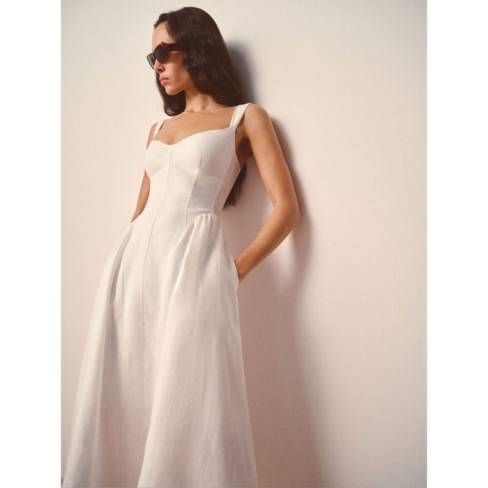 NWOT Reformation White Birdie Linen Dress , Sweetheart Midi Dress with Pockets,4